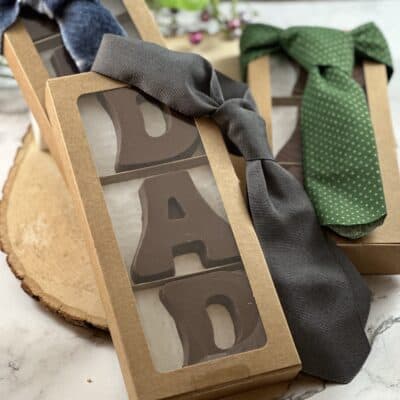 chocolate dad letters in box with a necktie ribbon