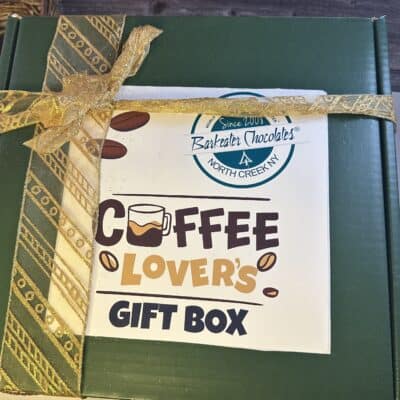 closed coffee lovers gift box with ribbon