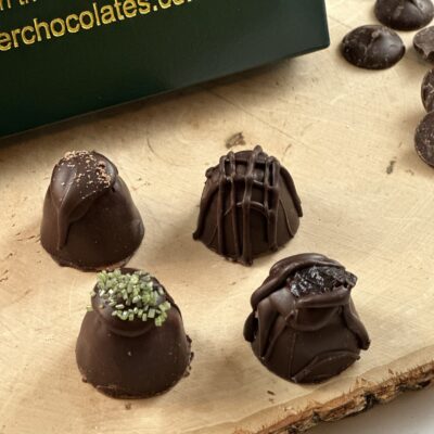 dark chocolate truffles loose on a table